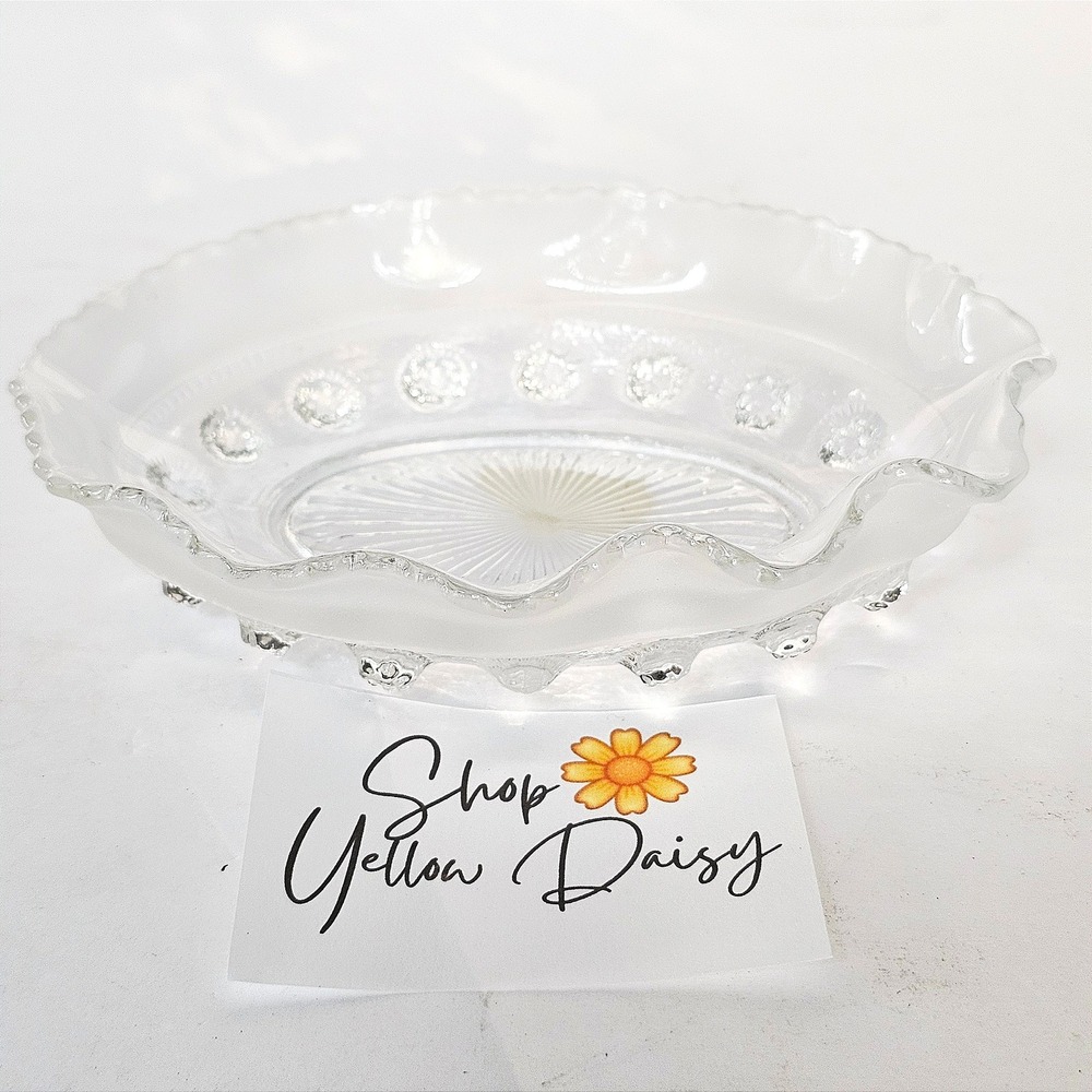 Vintage Made in England Clear Frosted Glass Ruffled Bowl Starburst Pattern